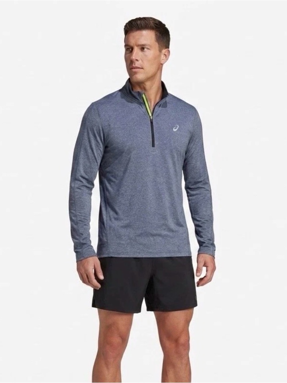 ASICS Blue 1/4 Zip Mock Neck Pullover Long Sleeve Polyester Knit Logo Shirt S